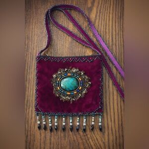 Handmade Beaded Velvet Boho Crossbody Bag w Fringe & Turquoise Accent